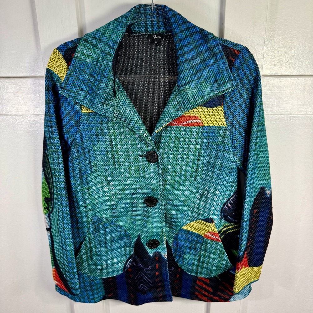 Shana Abstract Face Print Blazer Jacket Blue Green Yellow Black Women's S P